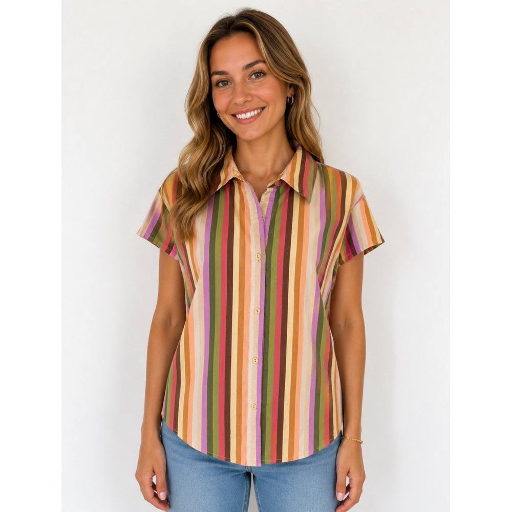 GEORGE Women's Multicolor Button Up Shirt Top Stretch Striped  Size‎ 22W/24W